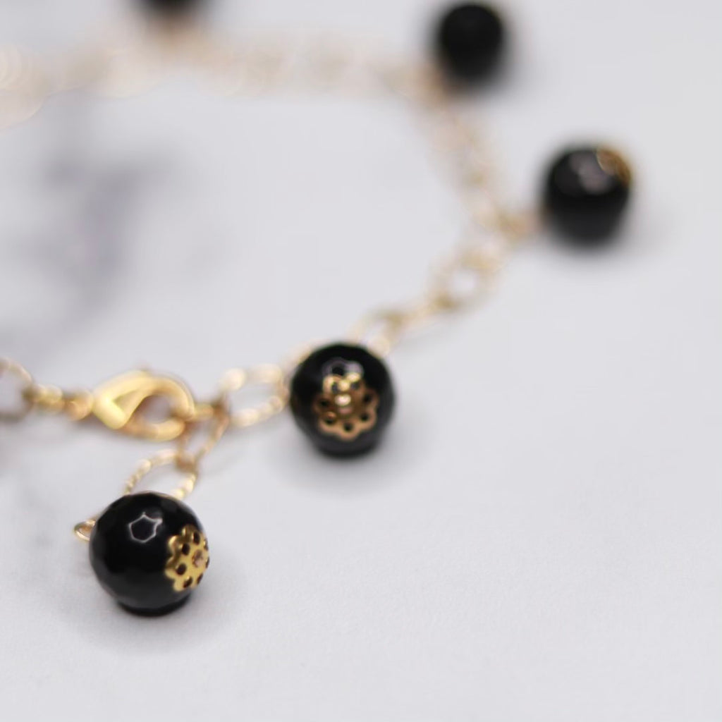 Round Black Onyx Multi Drop Gold-Filled Bracelet  NEW