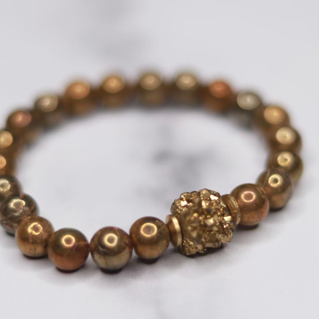 Round Gold Glazed Labradorite and Gold Druzy Stretch Bracelet  NEW