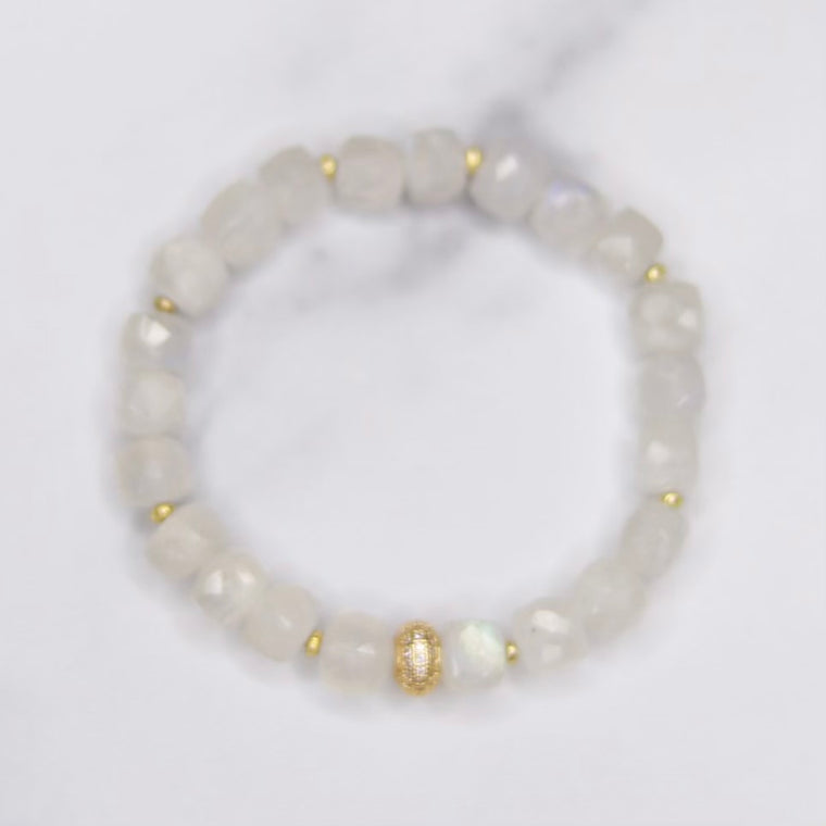 Moonstone Cube, Gold Swarovski Pave Bead and Gold Disc Stretch Bracelet  NEW