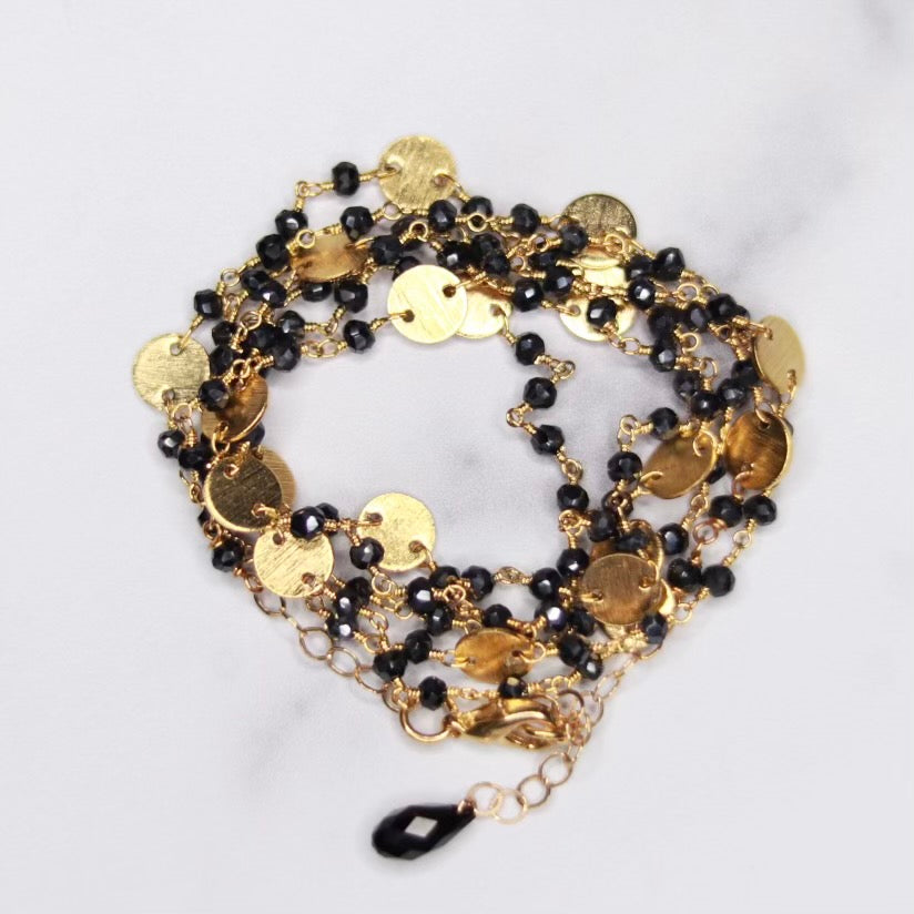 Black Onyx & Brushed Disc Multi-Wrap Bracelet/Necklace Combo in Sterling Silver or Gold Filled  NEW