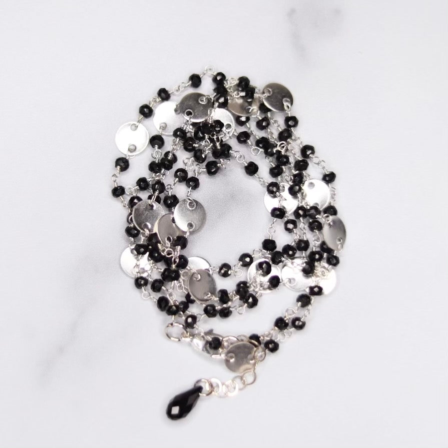 Black Onyx & Brushed Disc Multi-Wrap Bracelet/Necklace Combo in Sterling Silver or Gold Filled  NEW