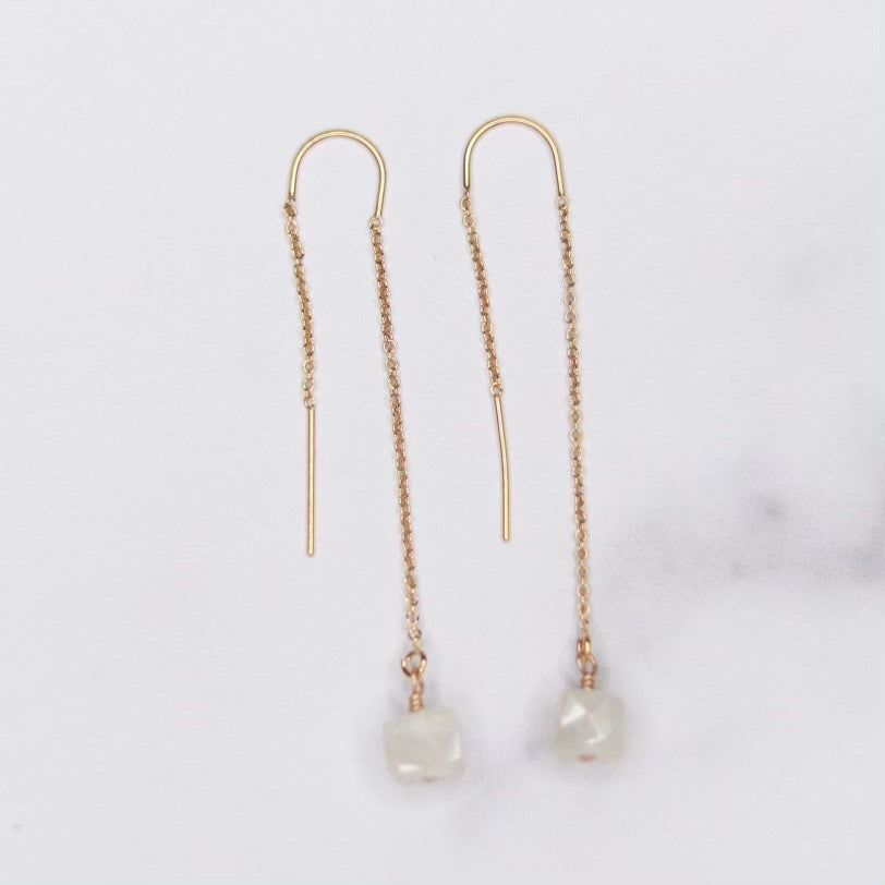Moonstone Cube Long Drop Feeder Earrings in Gold Filled or Sterling Silver  NEW