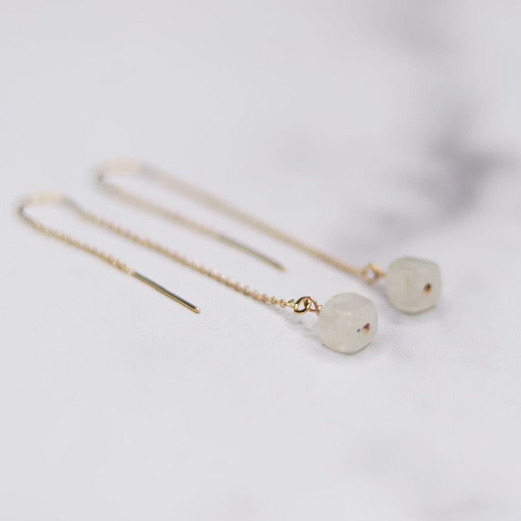 Moonstone Cube Long Drop Feeder Earrings in Gold Filled or Sterling Silver  NEW