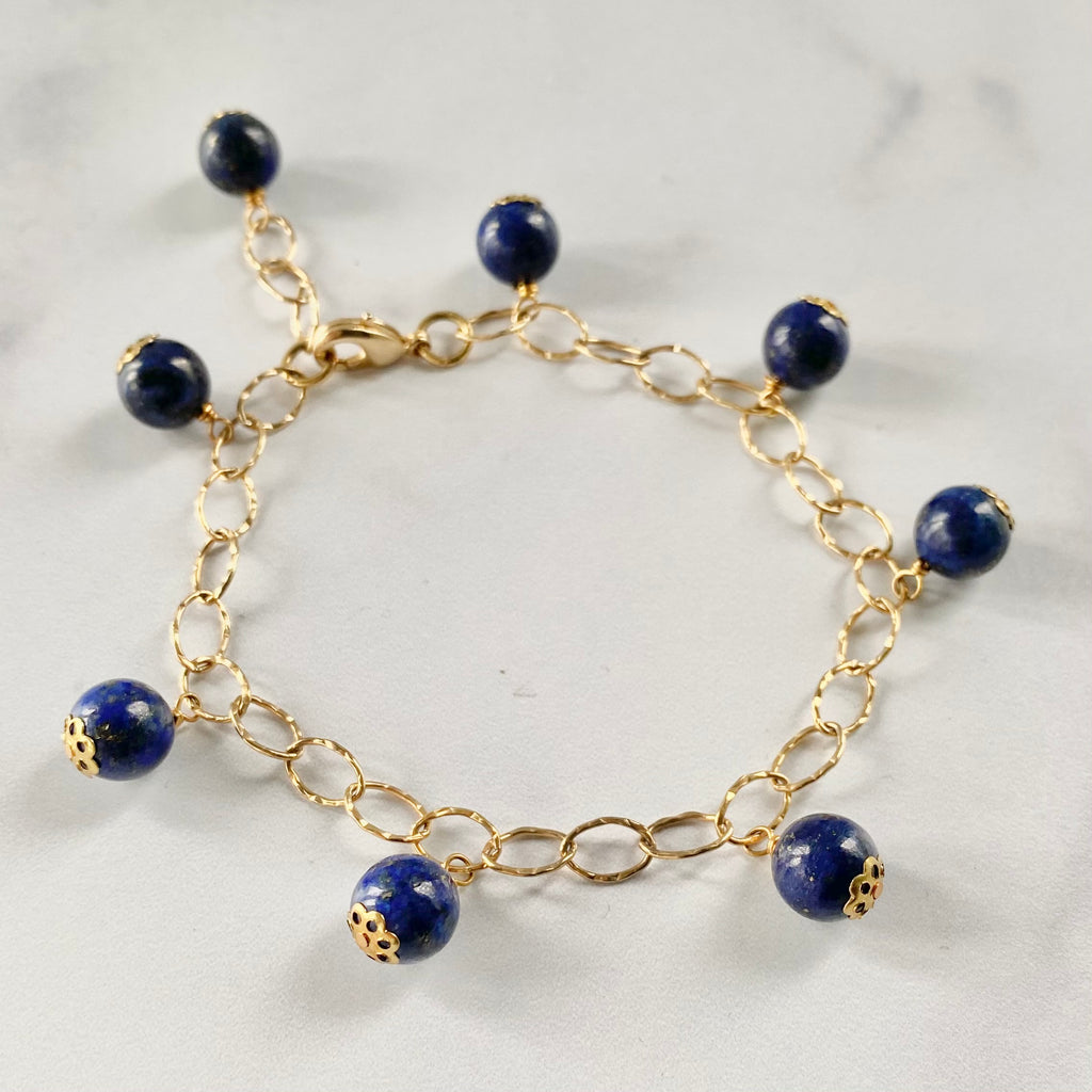 Round Blue Lapis Multi Drop Gold-Filled Bracelet