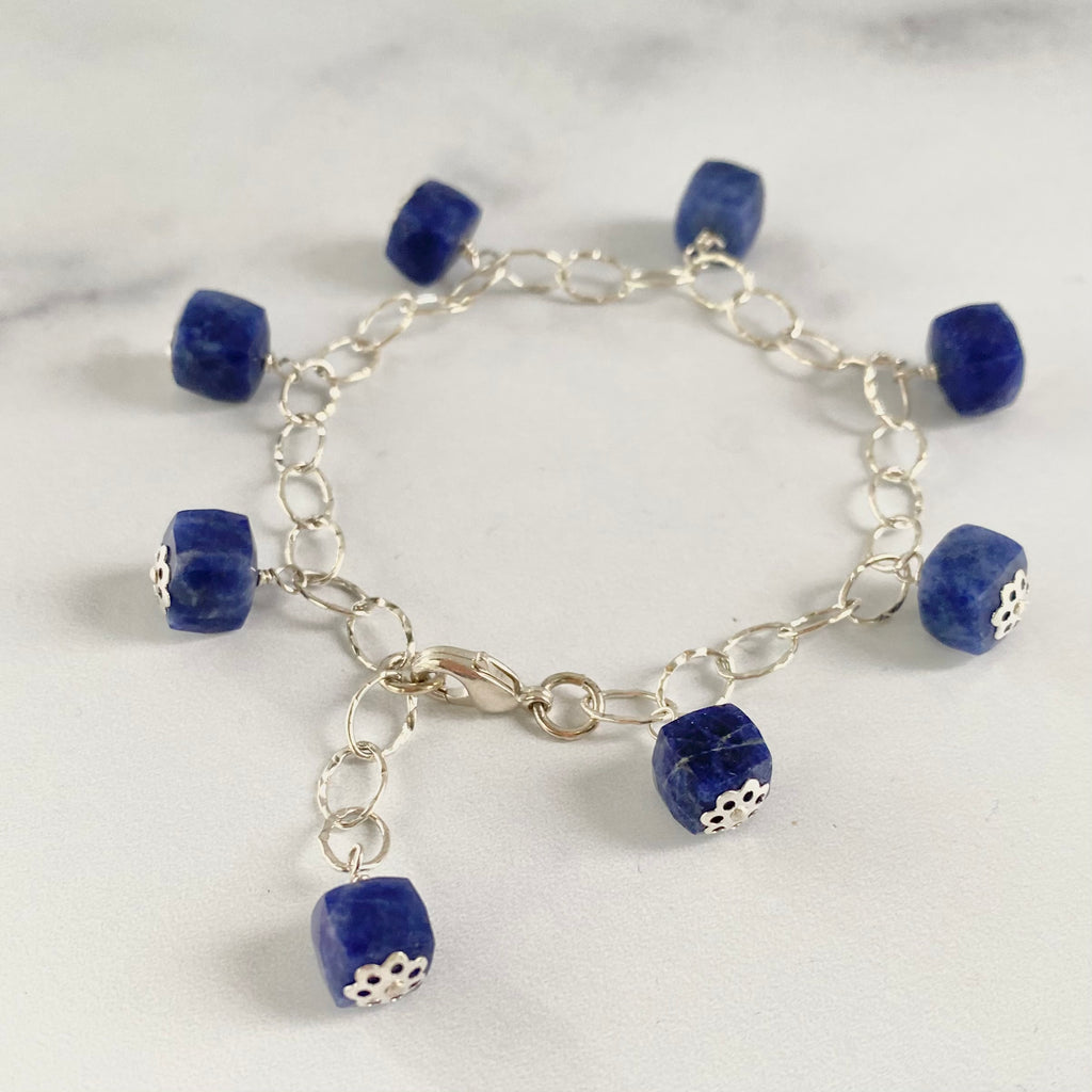 Blue Lapis Cube Multi Drop Sterling Silver Bracelet  NEW