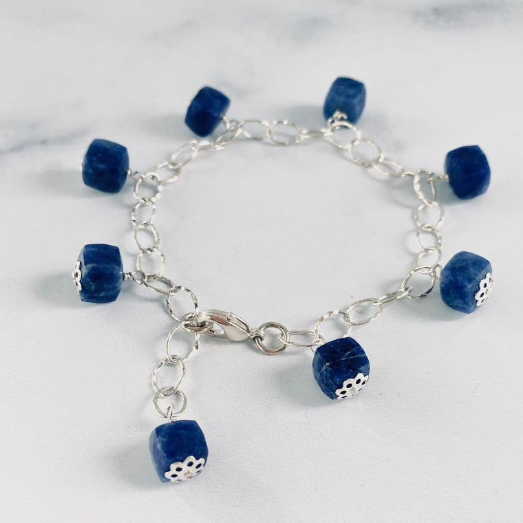 Blue Lapis Cube Multi Drop Sterling Silver Bracelet  NEW