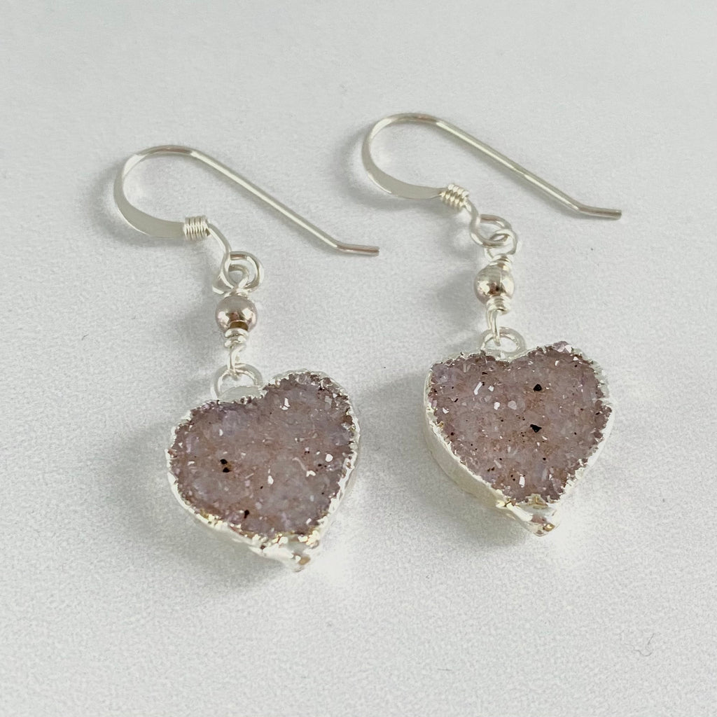 Light Gray/Lavender Heart Druzy Pendant in Sterling Silver Fishhook Earrings  NEW