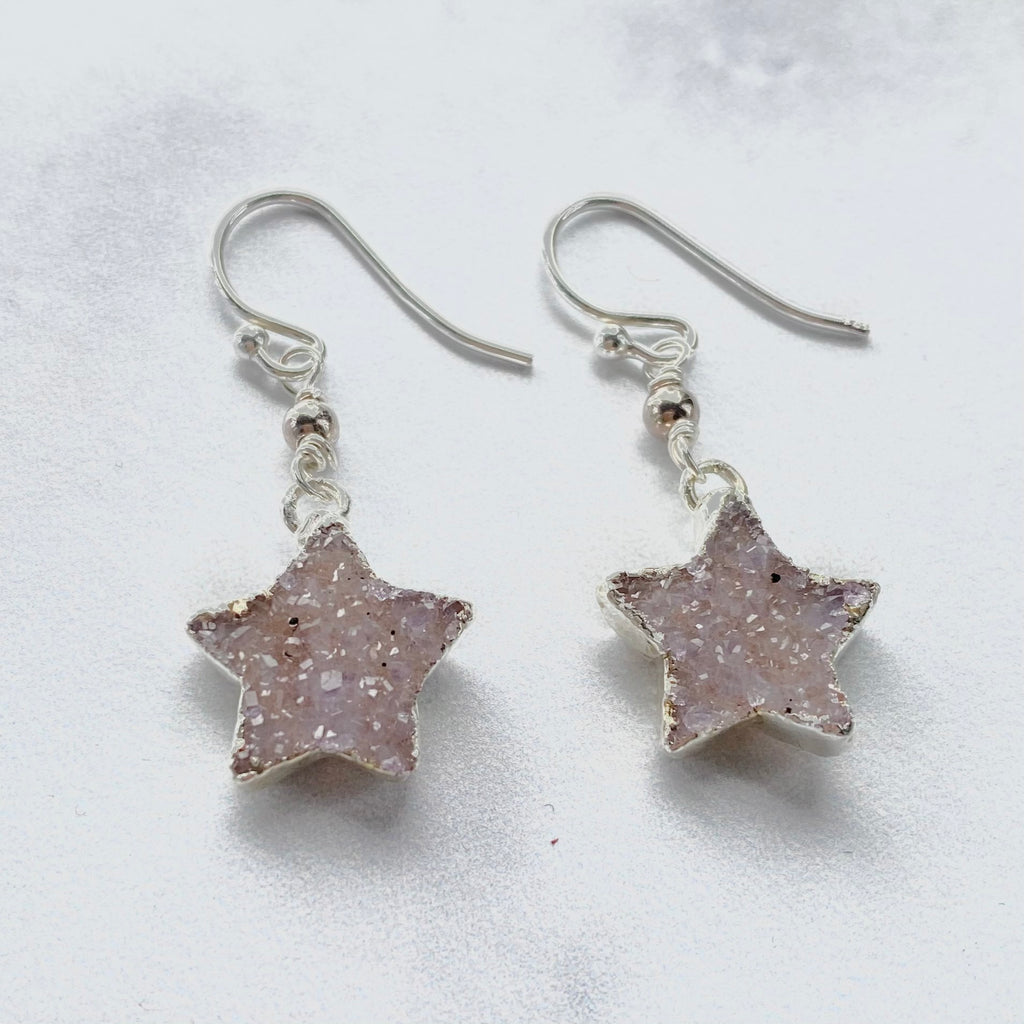 Light Gray/Lavender Star Druzy Pendant Sterling Silver Fishhook Earrings  NEW