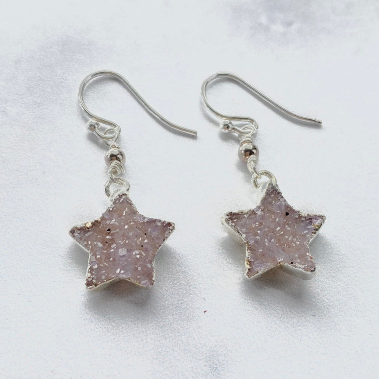 Light Gray/Lavender Star Druzy Pendant Sterling Silver Fishhook Earrings  NEW