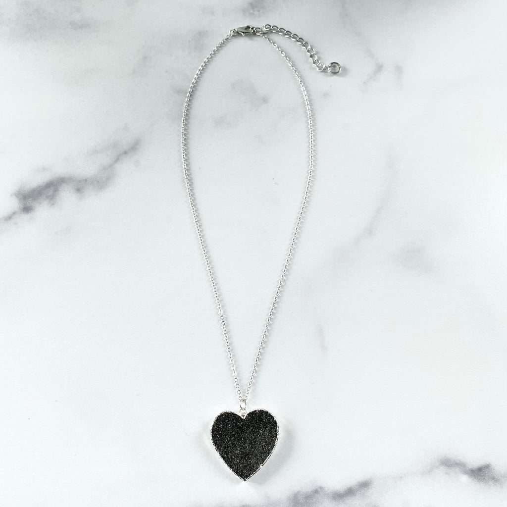 Dark Charcoal Heart Druzy Pendant on Sterling Silver Chain Necklace  NEW