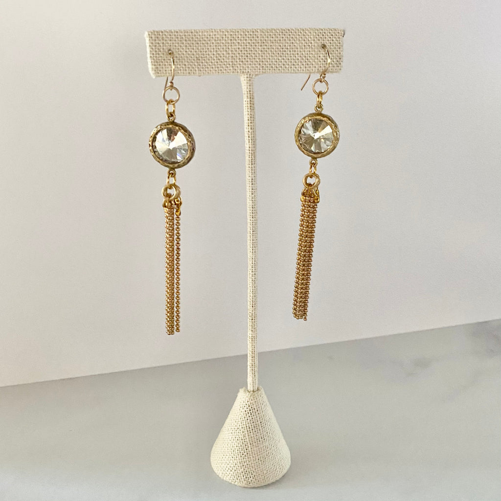 Swarovski Crystal Rivoli Pendant with Chain Tassel Earrings in Gold Filled or Sterling Silver  NEW
