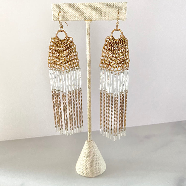 Long Drape Chainmaille Crystal Dangle Earrings in Gold Filled or Sterling Silver  NEW
