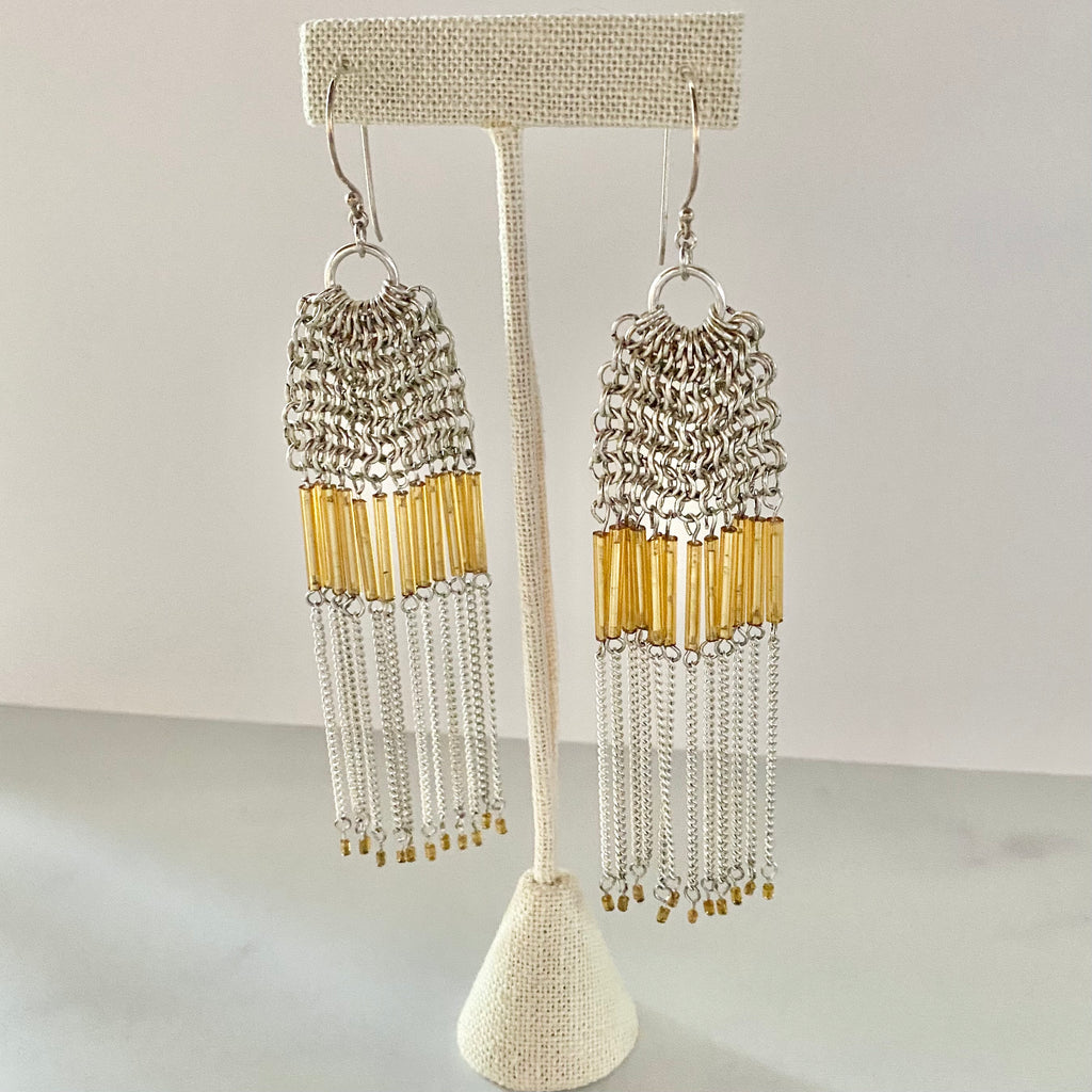 Long Drape Chainmaille Crystal Dangle Earrings in Gold Filled or Sterling Silver  NEW