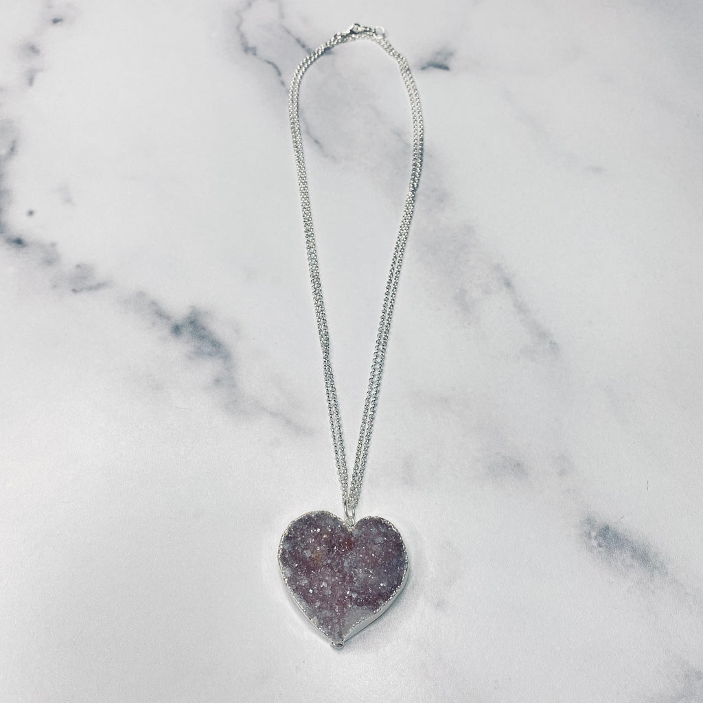 Medium Gray/Lavendar Heart Druzy Pendant on Sterling Silver Long Chain Necklace  NEW