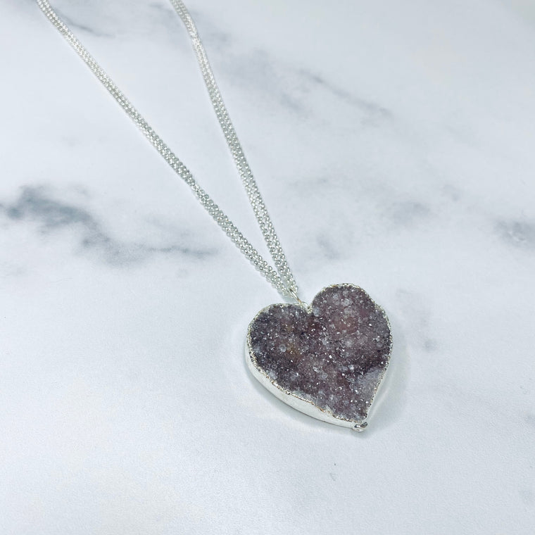 Medium Gray/Lavendar Heart Druzy Pendant on Sterling Silver Long Chain Necklace  NEW