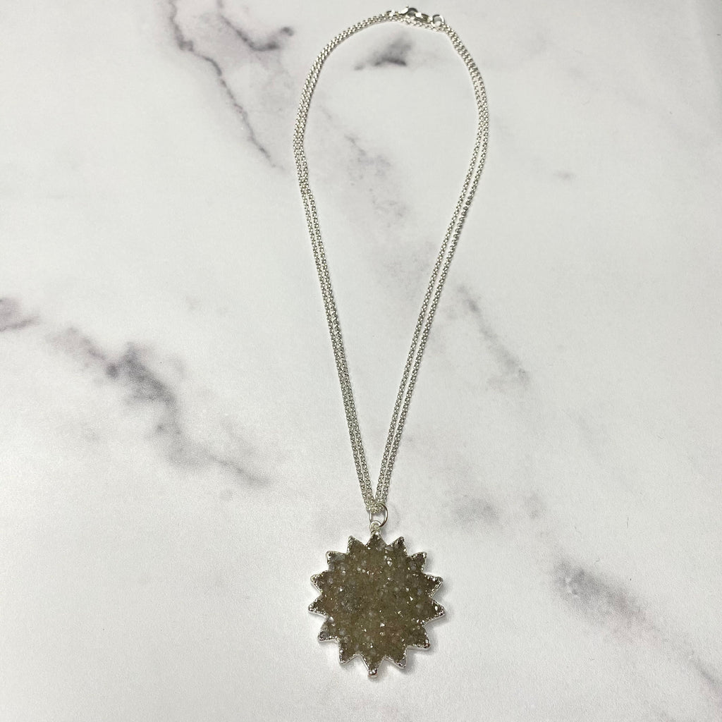 Medium Gray Sunburst Druzy Pendant on Sterling Silver Long Chain Necklace  NEW