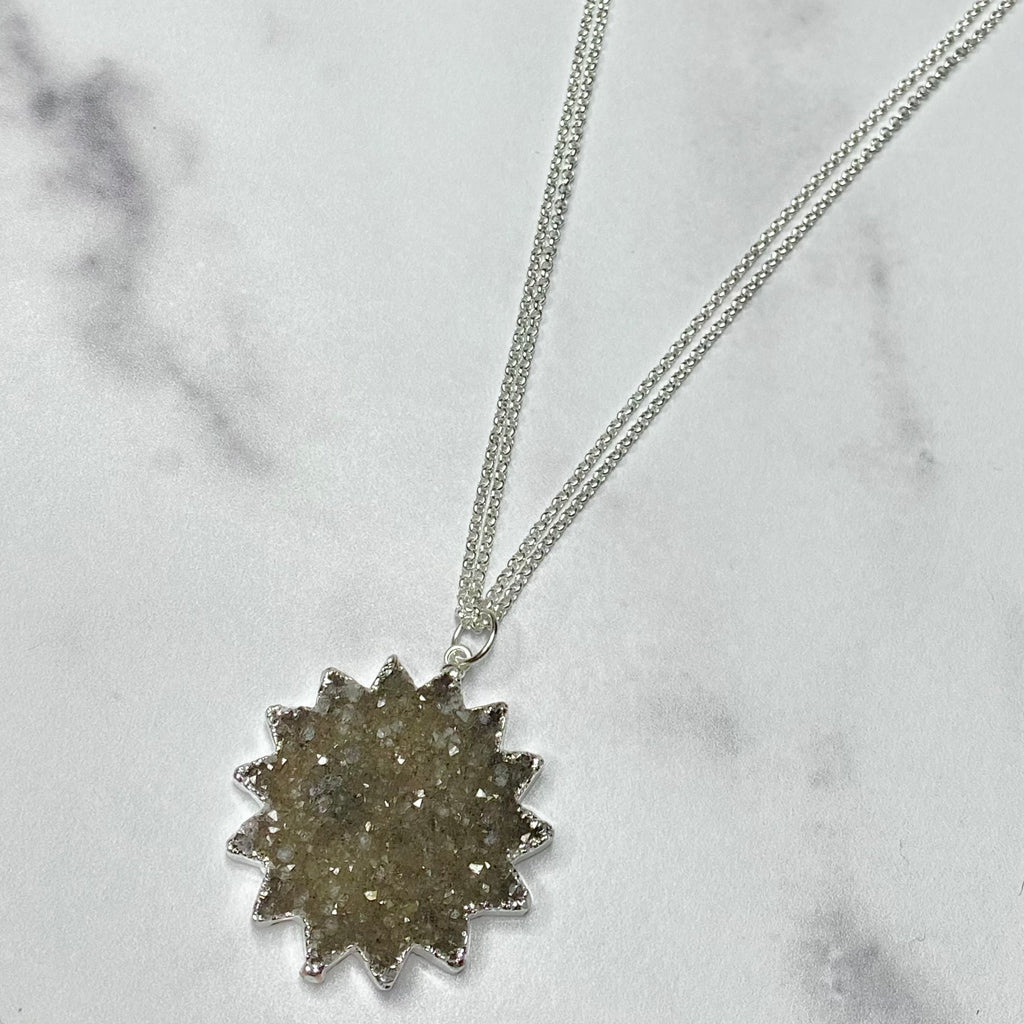Medium Gray Sunburst Druzy Pendant on Sterling Silver Long Chain Necklace  NEW