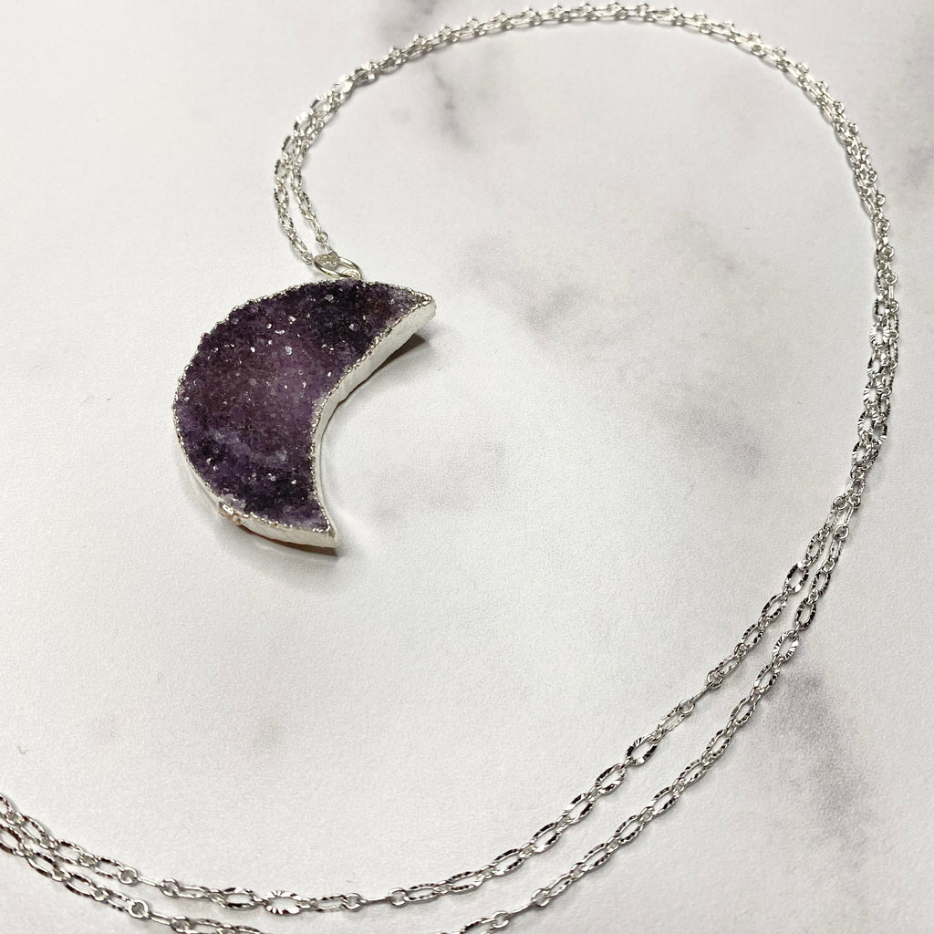 Purple Crescent Moon Druzy Pendant on Sterling Silver Chain Necklace  NEW