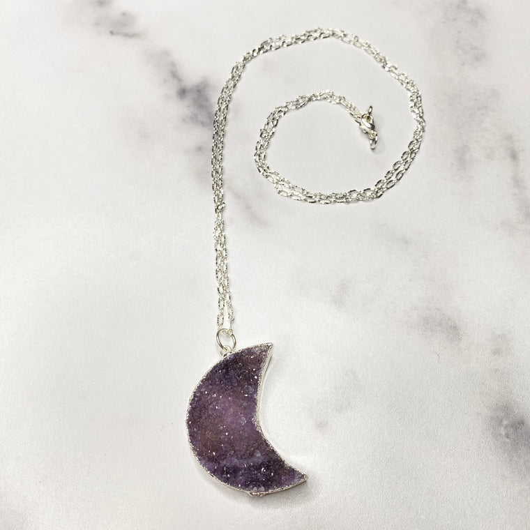 Purple Crescent Moon Druzy Pendant on Sterling Silver Chain Necklace  NEW