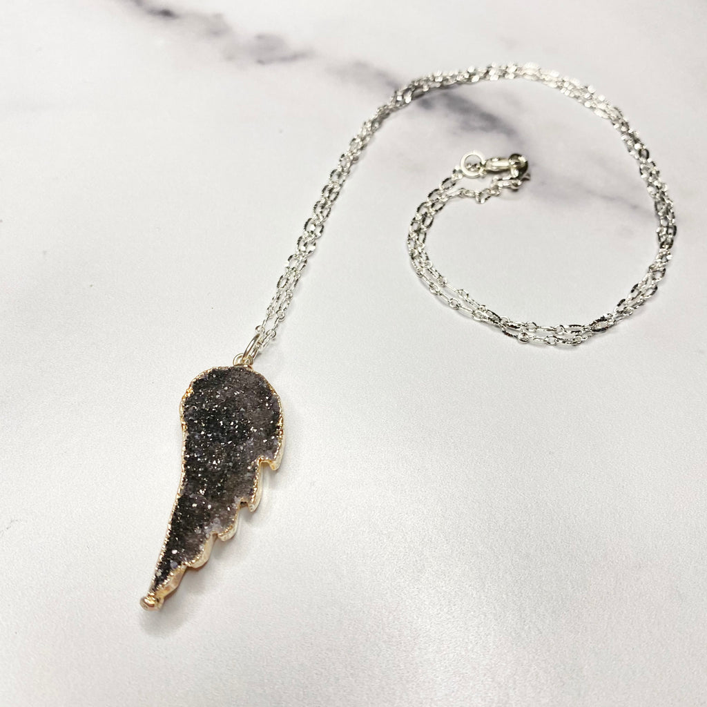 Charcoal Gray Angel Wing Druzy Pendant on Sterling Silver Chain Necklace  NEW