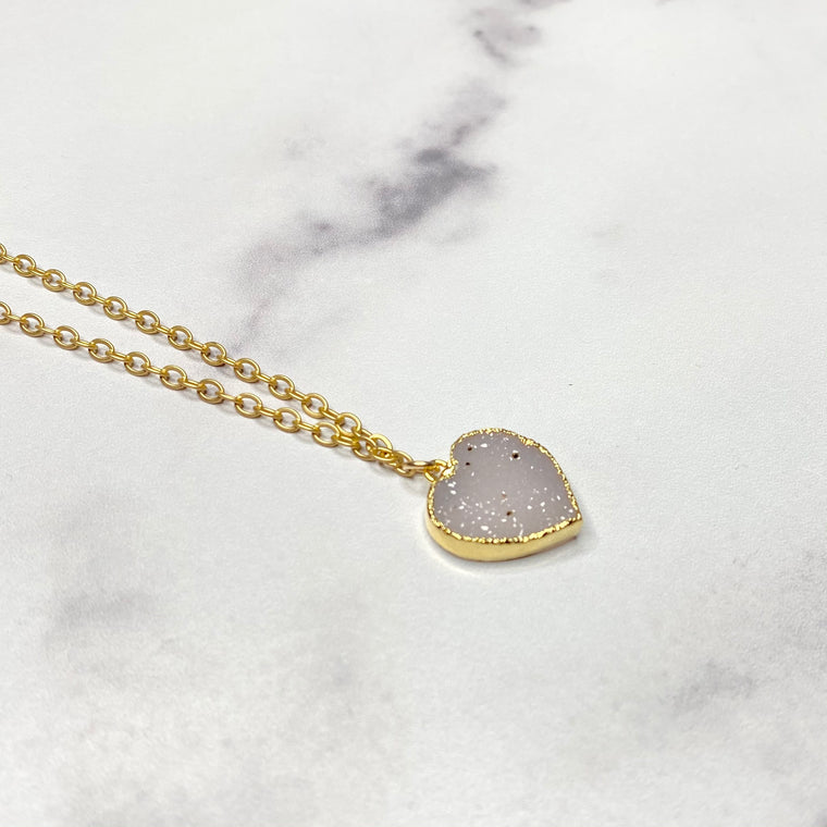 White Heart Druzy Pendant in Gold-Filled Necklace  (small)   NEW