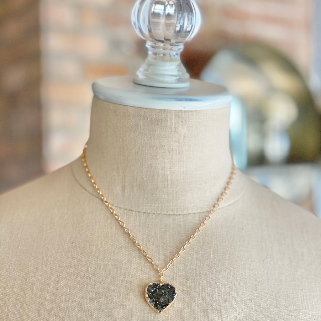 Charcoal Heart Druzy Pendant in Gold-Filled Necklace  (small)  NEW