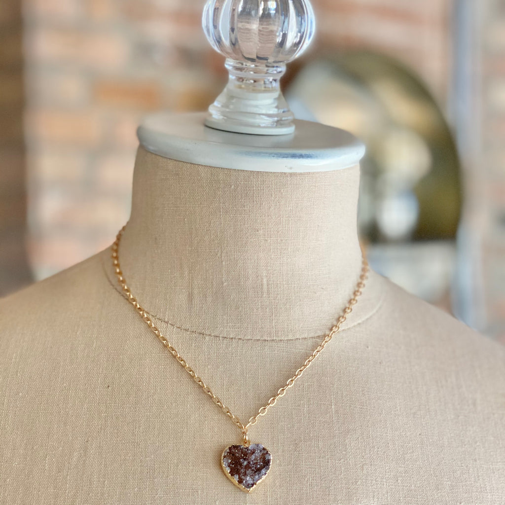 Chocolate Brown Heart Druzy Pendant in Gold-Filled Necklace (small)   NEW