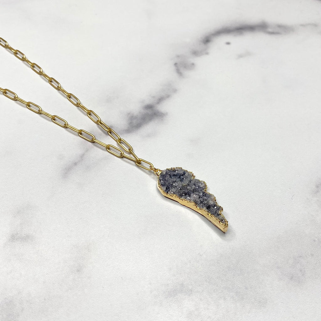 Gray Angel Wing Druzy Pendant on Gold Filled Chain Necklace  NEW