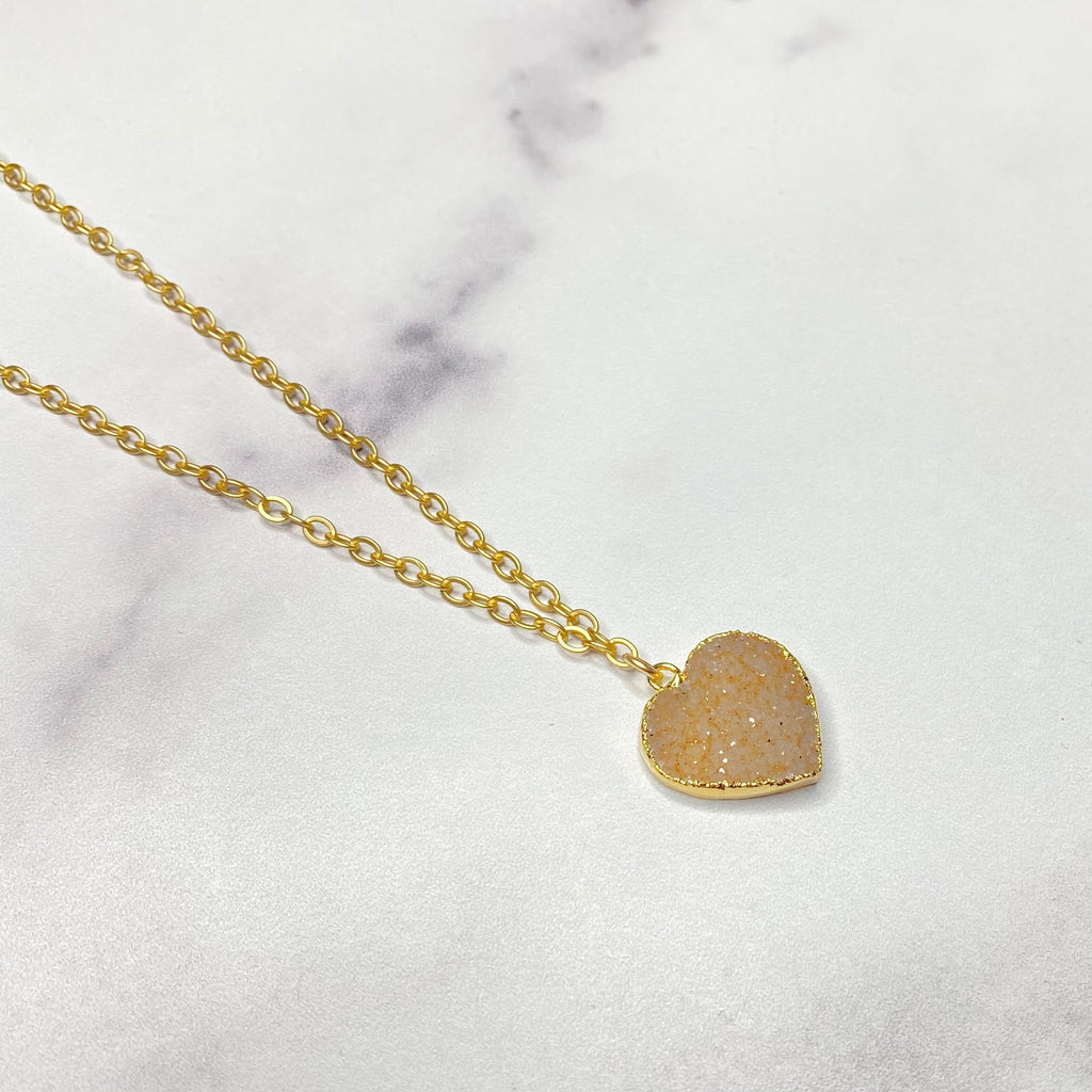 Soft Rose Heart Druzy Pendant in Gold-Filled Necklace (small)   NEW