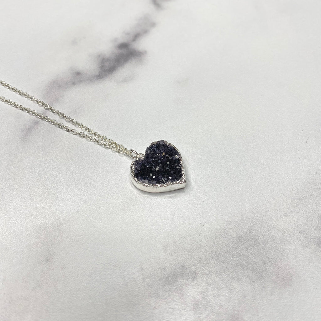 Black Heart Druzy Pendant in Sterling Silver Necklace (small)   NEW