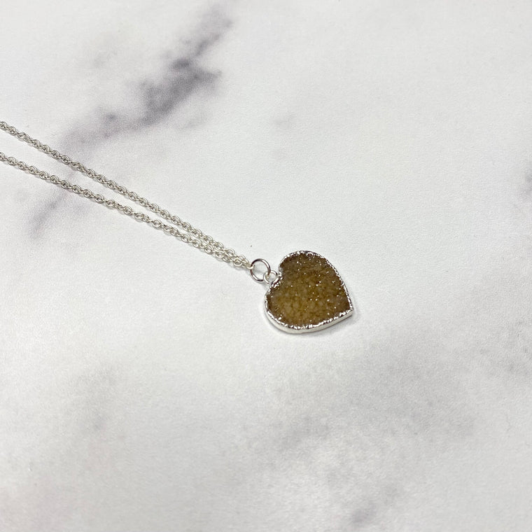 Taupe Heart Druzy Pendant in Sterling Silver Necklace  (small)  NEW