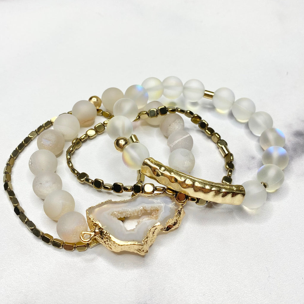 White & Bronze Druzy Geode Stretch Bracelet Bundle  NEW