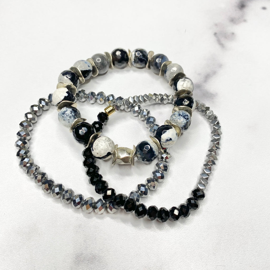 Black, White & Silver Sparkle Stretch Bracelet Bundle  NEW