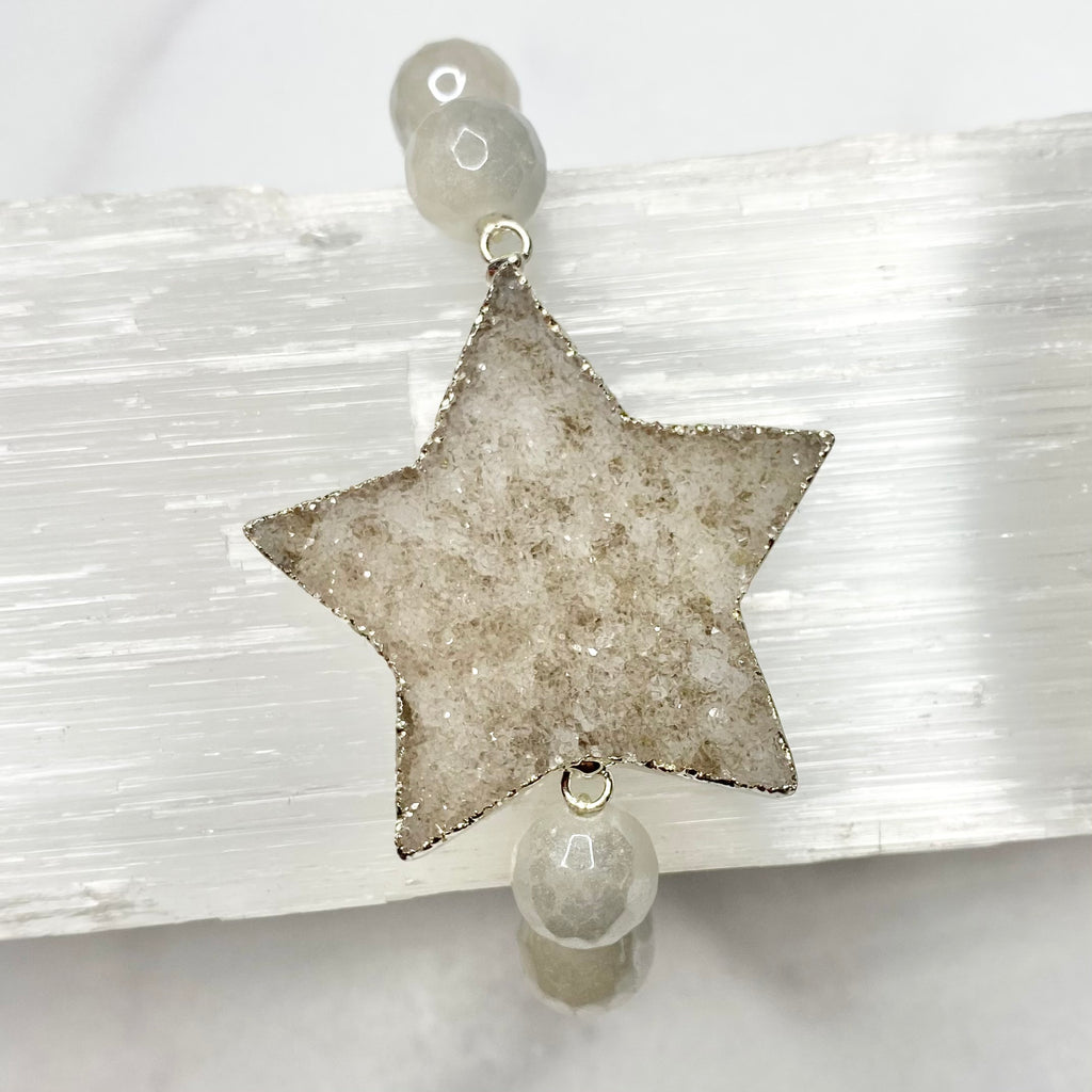 Chunky White/Gray Heather Star Druzy and White Glaze Labradorite Stretch Bracelet NEW