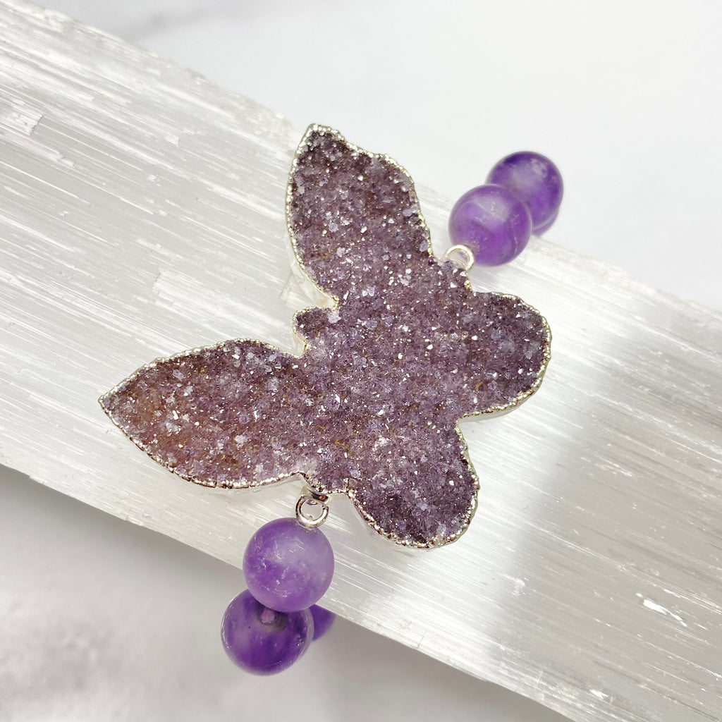 Chunky Purple Butterfly Druzy and Honed Amethyst Stretch Bracelet  NEW