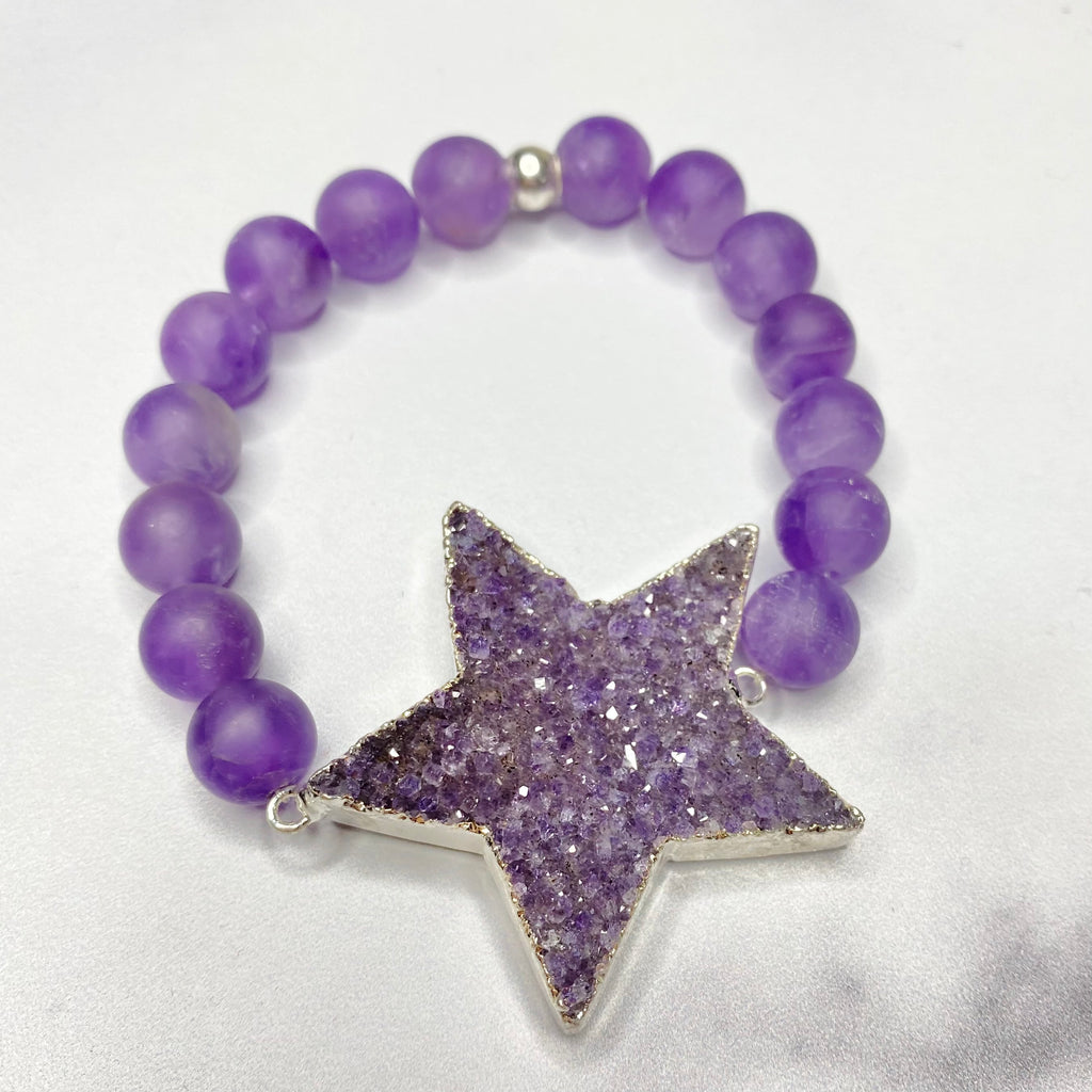 Chunky Purple Star Druzy and Honed Amethyst Stretch Bracelet NEW