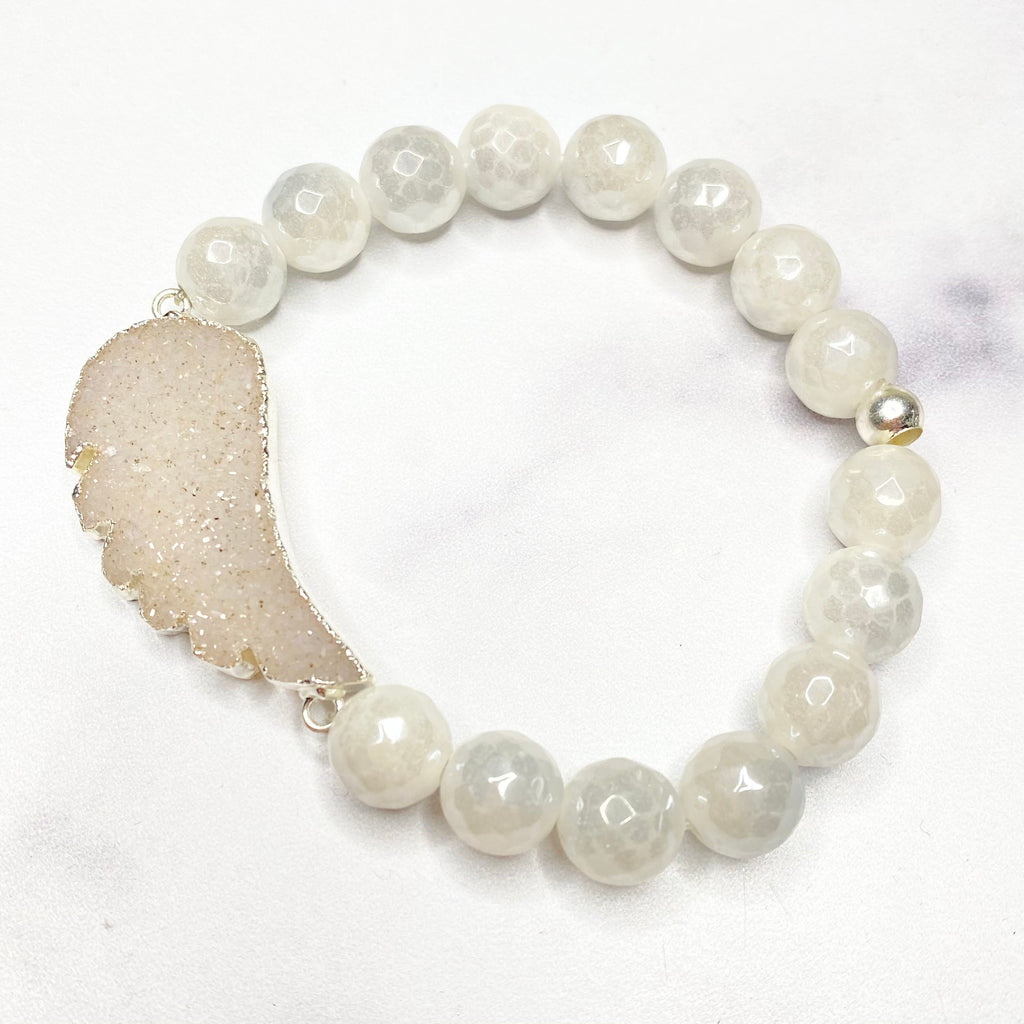 Chunky White Angel Wing Druzy and White Glaze Labradorite Stretch Bracelet  NEW