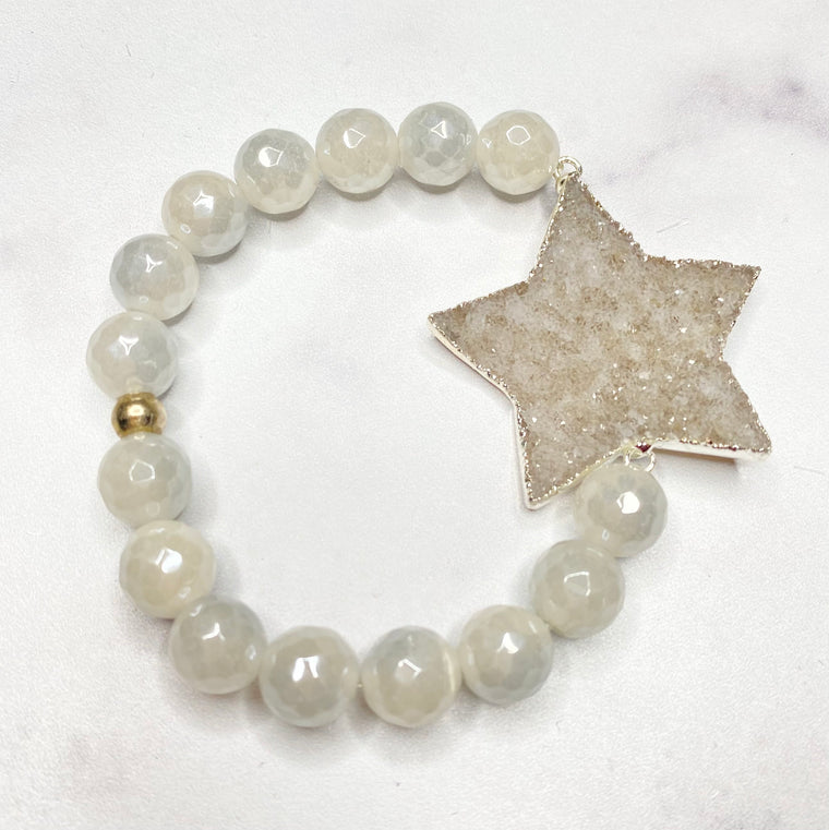 Chunky White/Gray Heather Star Druzy and White Glaze Labradorite Stretch Bracelet NEW