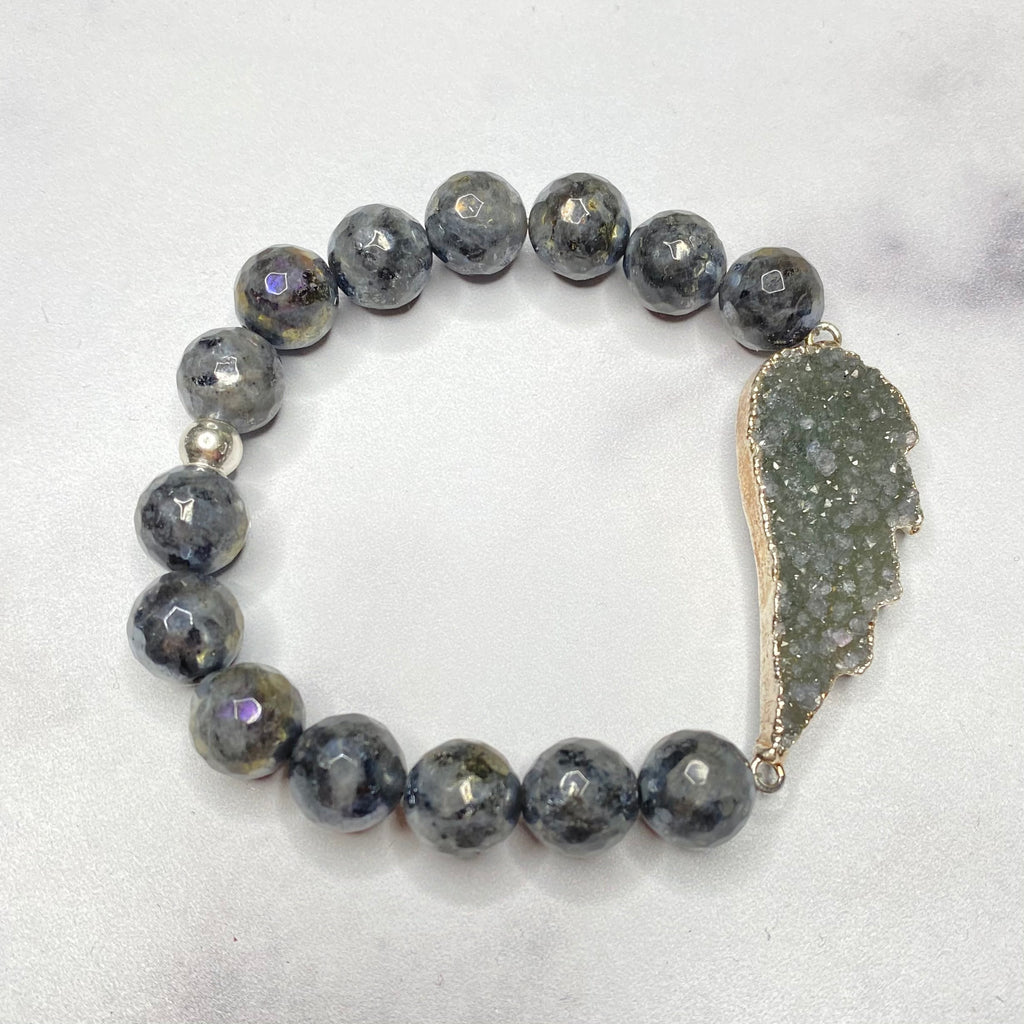 Chunky Charcoal Angel Wing Druzy and Gray Labradorite Stretch Bracelet  NEW