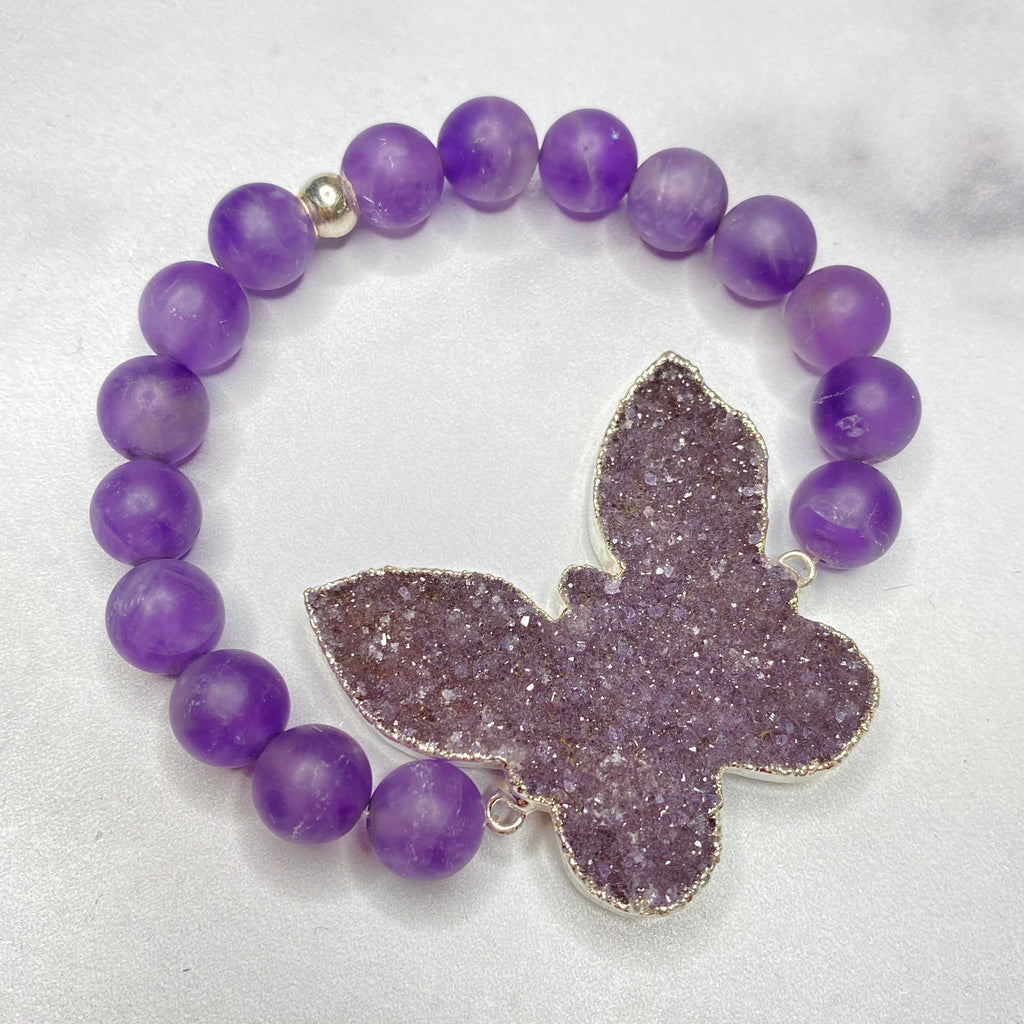 Chunky Purple Butterfly Druzy and Honed Amethyst Stretch Bracelet  NEW