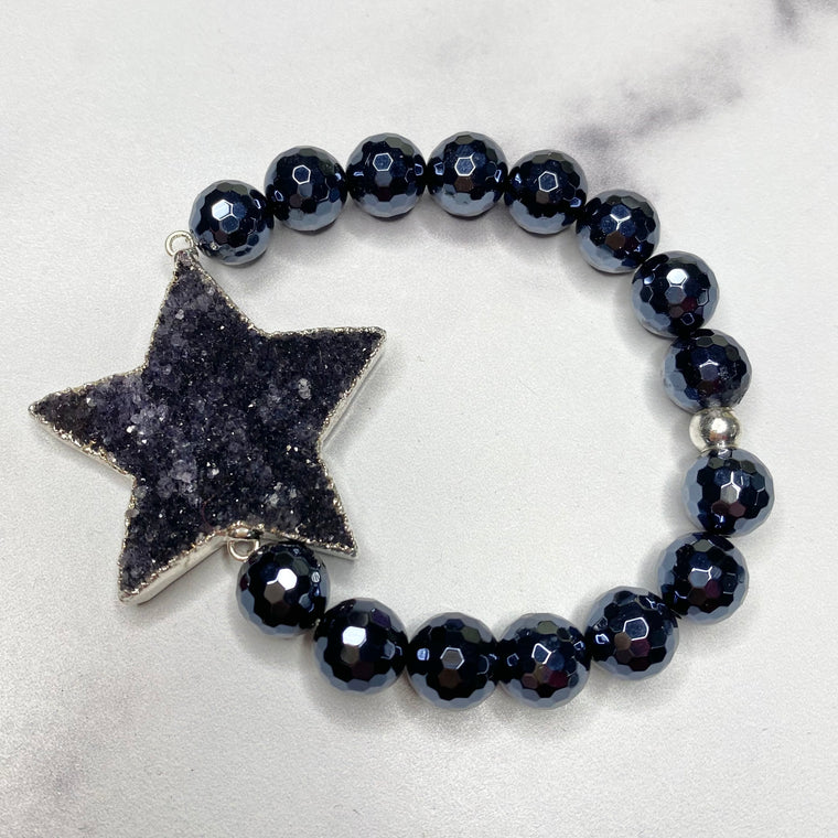 Chunky Black Star Druzy and Black Onyx Stretch Bracelet  NEW