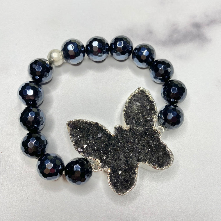 Chunky Black Butterfly Druzy and Black Onyx Stretch Bracelet NEW