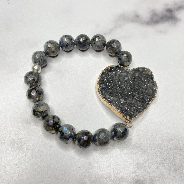 Chunky Charcoal Heart Druzy and Gray Labradorite Stretch Bracelet  NEW