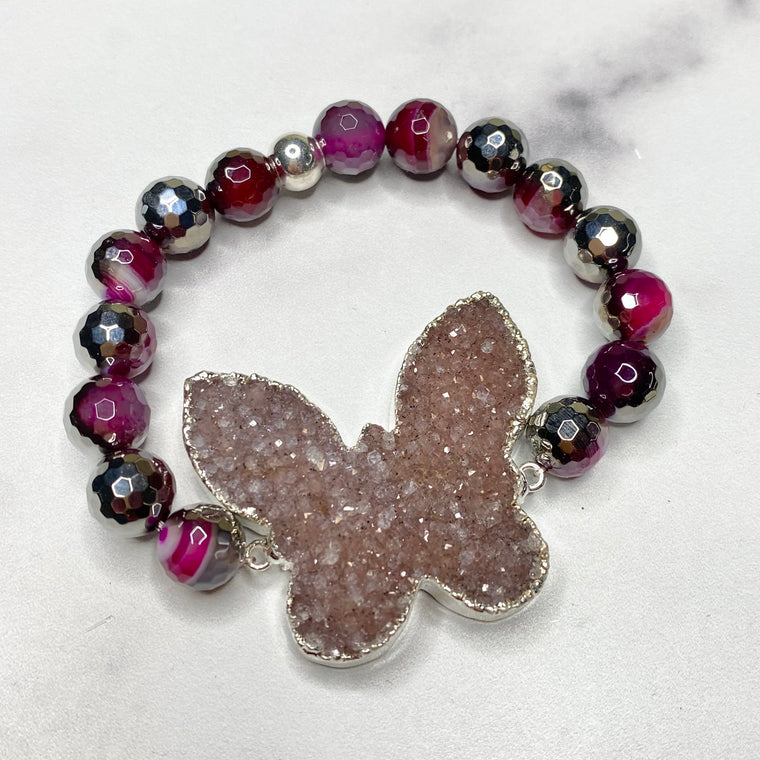 Chunky Raspberry Butterfly Druzy and Berry/Silver Bead Stretch Bracelet  NEW