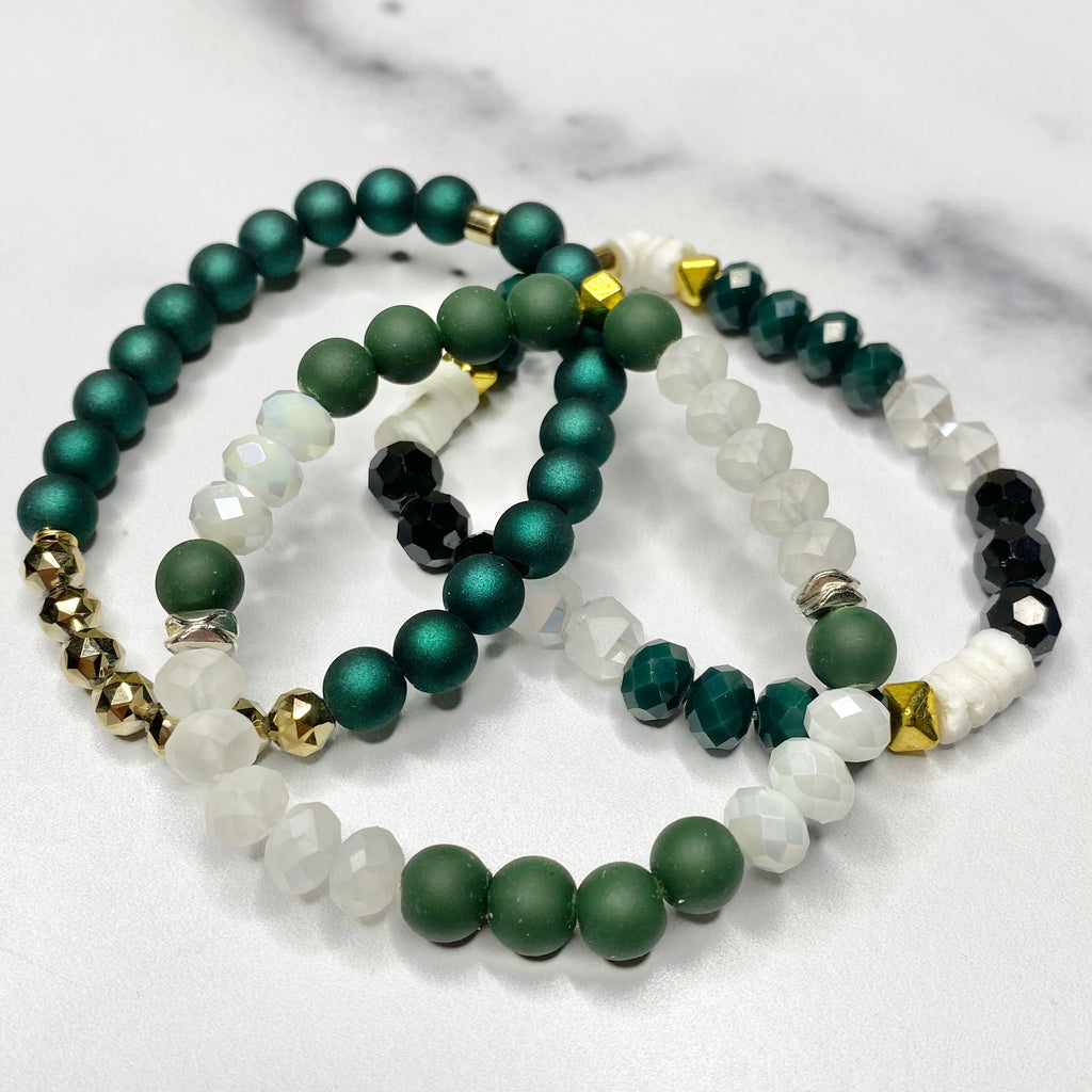 Green & White with Black and Gold Stretch Bracelet Bundle  NEW