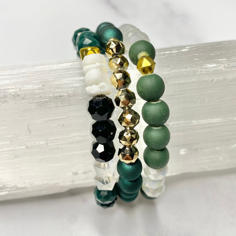 Green & White with Black and Gold Stretch Bracelet Bundle  NEW