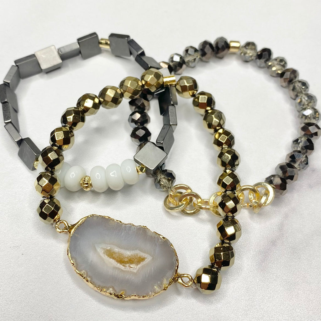 Black, White & Bronze Geode Stretch Bracelet Bundle  NEW