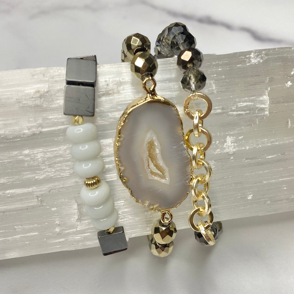 Black, White & Bronze Geode Stretch Bracelet Bundle  NEW