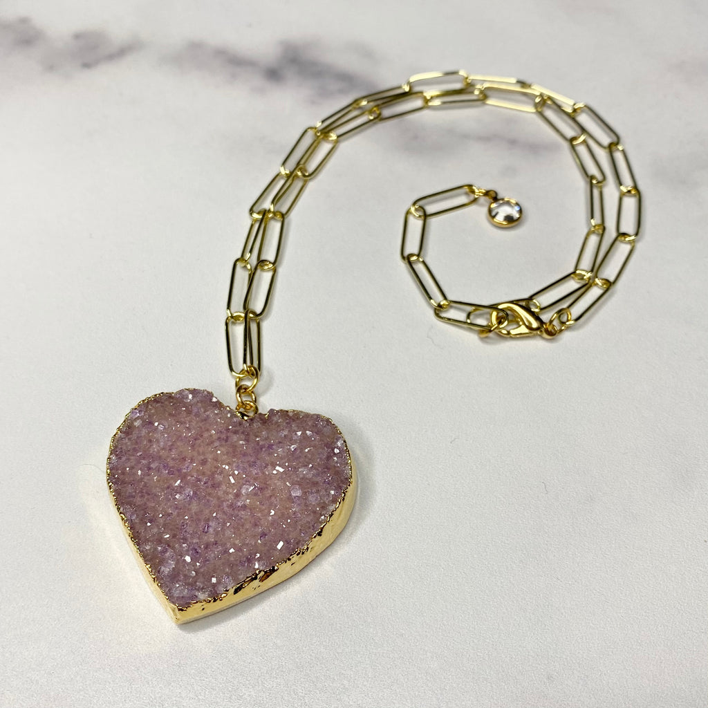 Pink/Lavendar Heart Druzy Pendant on Gold-Filled PaperClip Chain Necklace  NEW