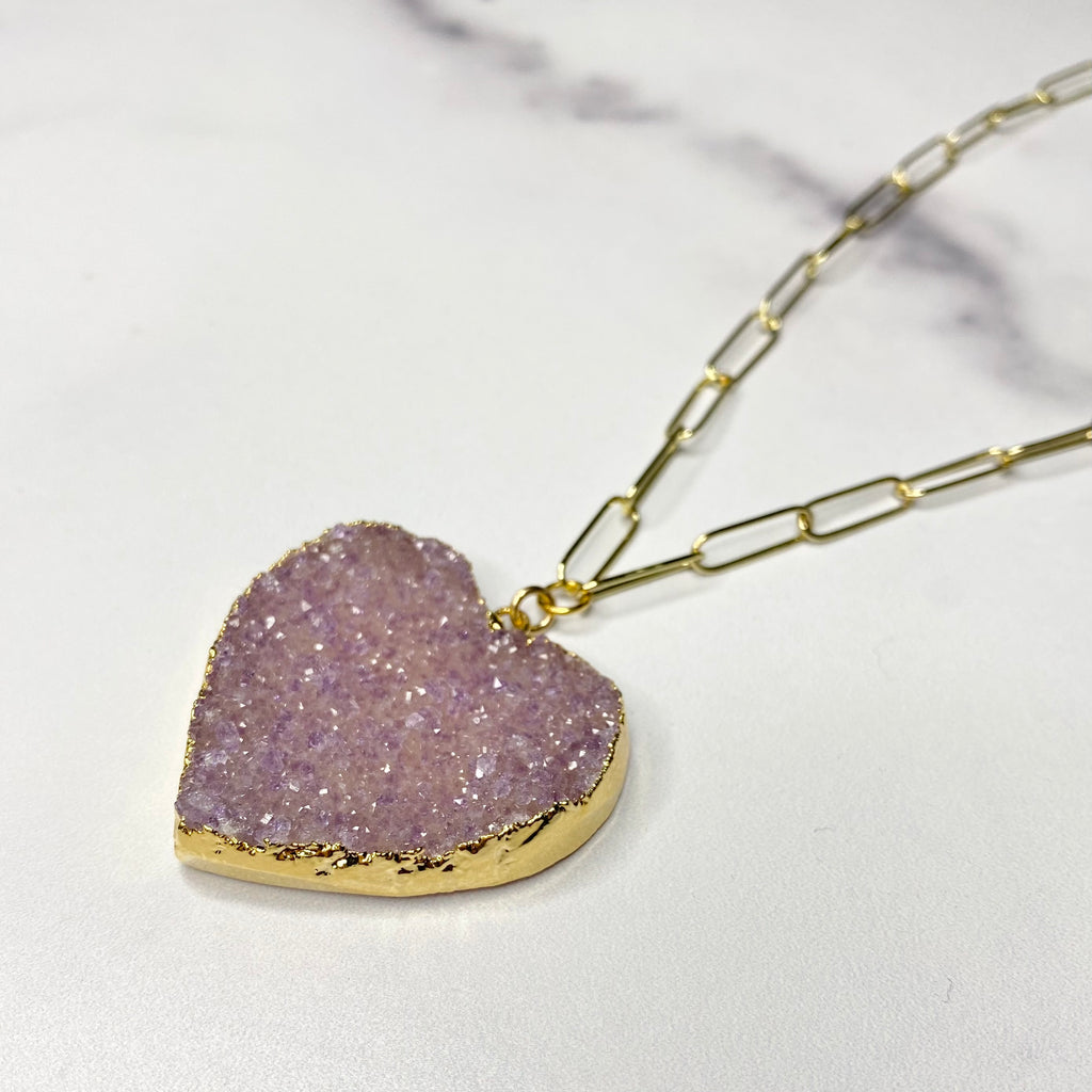 Pink/Lavendar Heart Druzy Pendant on Gold-Filled PaperClip Chain Necklace  NEW